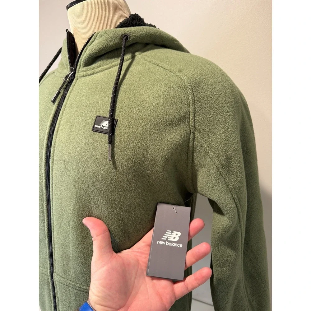 New Balance Jacket Men's Small Green‎ Hooded Sherpa Lined Long Sleeve Full Zip - Picture 3 of 6